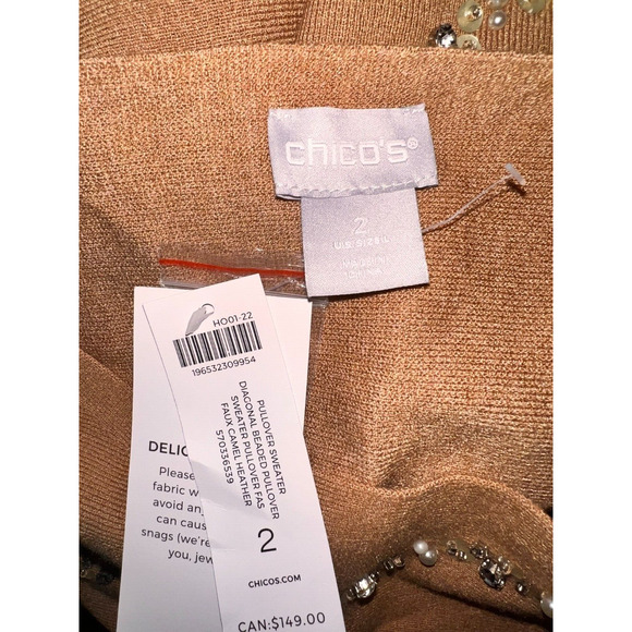 New CHICO'S Sweater Sz L (2) Camel Diagonal Beaded Embellished Pullover Knit Top - Picture 7 of 7